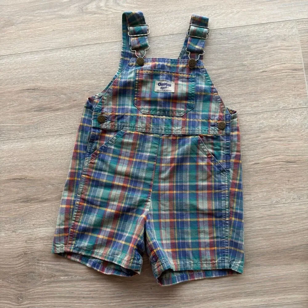 Oshkosh Bgosh Boys 3T Plaid Shortall Overalls Vintage 90's Kidcore Classic Retro